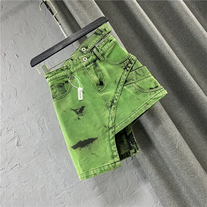 

Asymmetric Denim Shorts Personalized Double Wave Design Green ALine jeans Irregular Skirt Summer KoreanFashion Women Skirts New