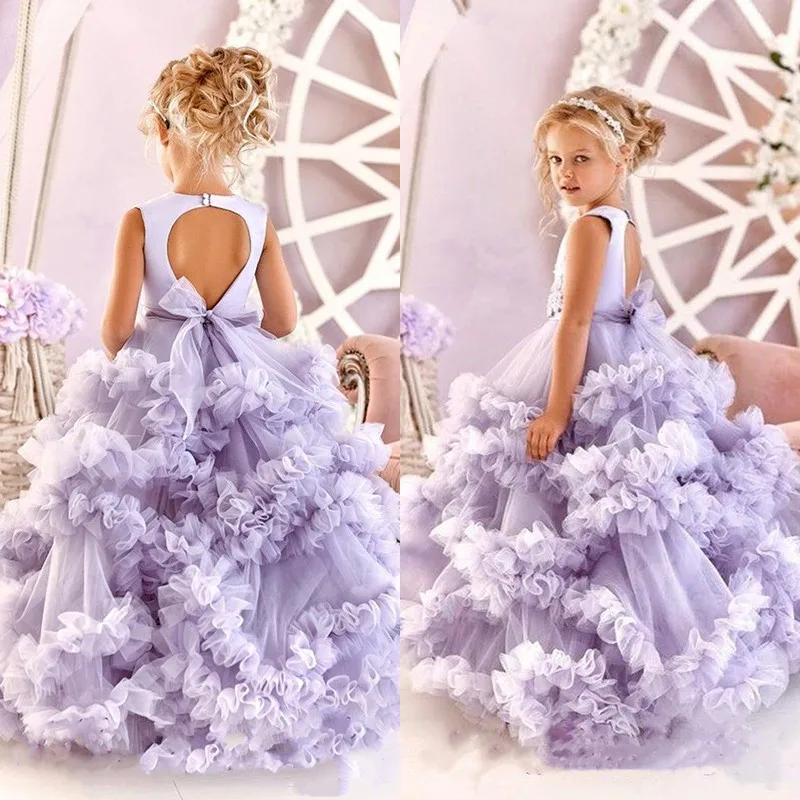 

Puffy Purple Flower Girl Dresses For Wedding Princess Tiered Backless Toddler Pageant Gowns Tulle Floor Length Kids Prom Wear