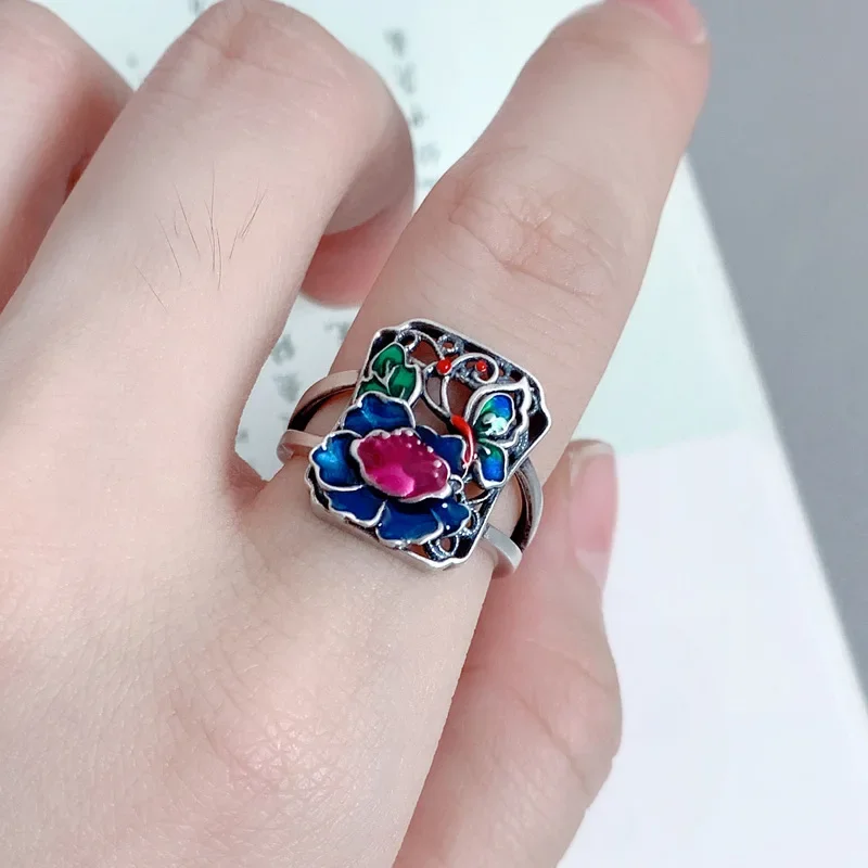 

925 Sterling Silver Enamel Colorful Square Peony Butterfly Ring Vintage Ethnic Style Adjustable Opening Rings For Women JZ126