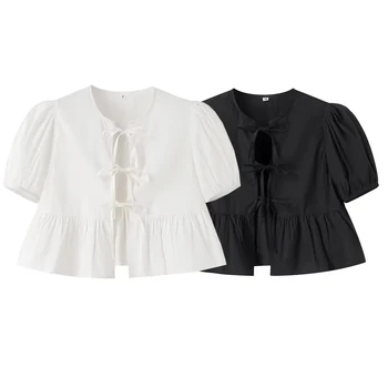 ALOBEE: A Elegância Casual para a Temporada Primavera/Verão 2024 8 TRAF White Crop Top Women Black Ruffle Short Puff Sleeve Blouse Female Bow Tied Summer Blouses Woman 2024 Ruched Cute Tops