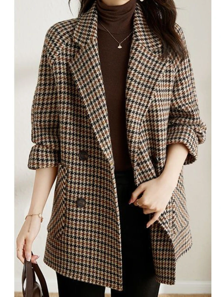 

TAFN Vintage Houndstooth Women Woolen Blazer Double Breasted Plaid Female Suit Jacket Fashion Korean Outerwear Loose Blaser Coat