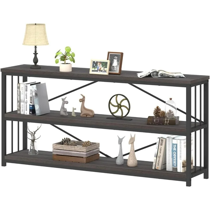 

IBF Wood and Metal Book Shelf, Farmhouse Long Wide Vintage Horizontal Bookcase, Modern Large Open Etagere for Home Office