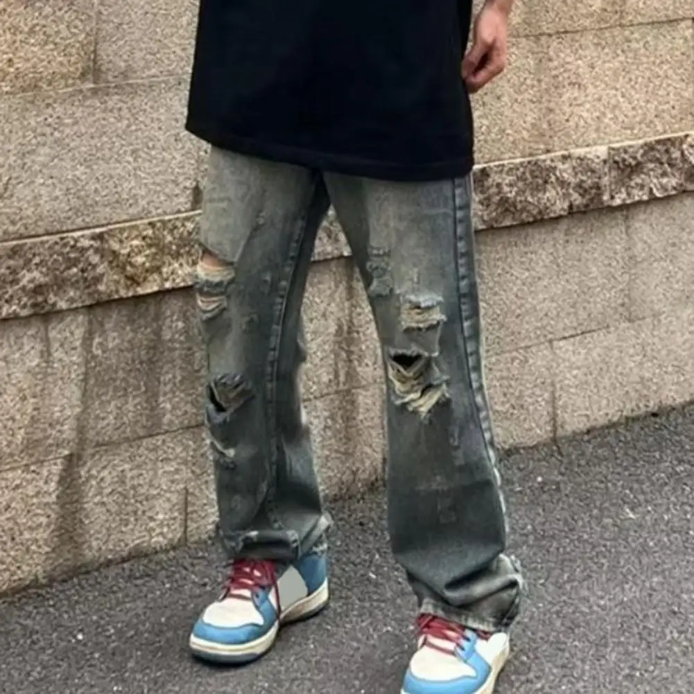 

Cool Urban Jeans Streetwear Men's Ripped Hole Wide Leg Jeans with Multi Pockets Distressed Details for Casual Hip Hop Style Hip