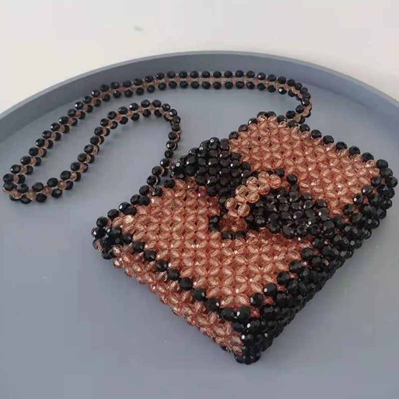 

New Fashion Retro Contrast Color Crossbody Bag Champagne Beaded Handwoven Women's Shoulder Bags Customized Crystal Totebag