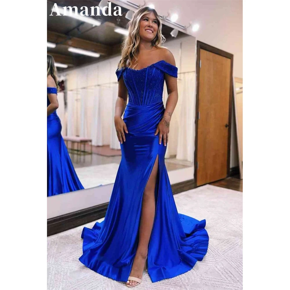 

Amanda Off Shoulder فساتين مناسبة رسمية Sexy Side Split Mermaid Prom Dress 2023 Lace Embroid Fishbone Vestidos De Noche