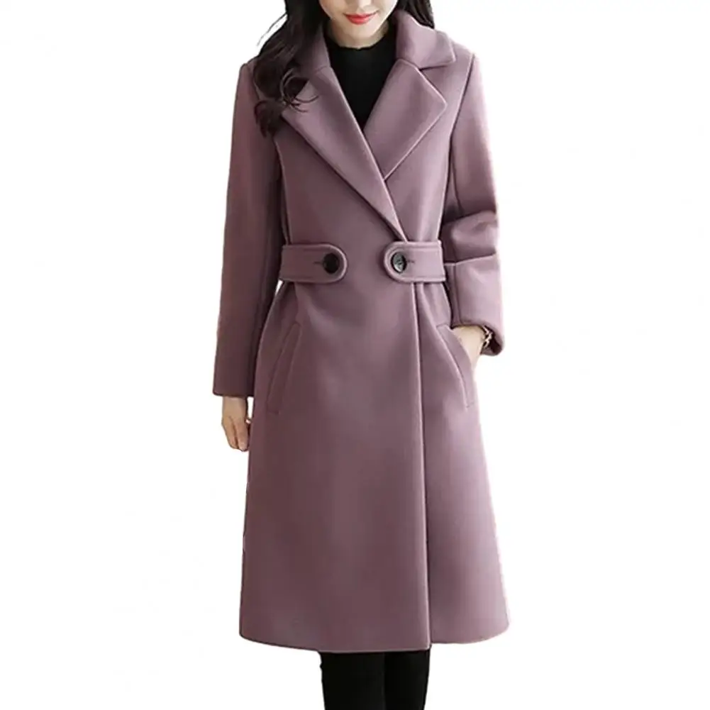 

Thick Overcoat Stylish Mid-length Women's Overcoat Thick Solid Color Turn-down Collar Belted Button Closure for Fall Winter