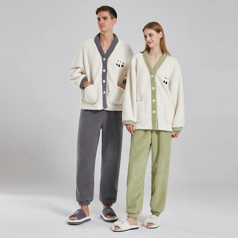 

Winter Couple Sleepwear Men Warm Women Pajama Sets Coral Fleece Pijama Mujer Pyjama Pour Femme Cartoon Panda Nightwear Homewear