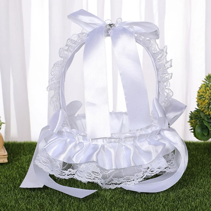 

Flower Girl Basket White Small Satin Cloth Baskets with Lace Faux Flowers Bows Pearls Decor for Wedding Ceremony