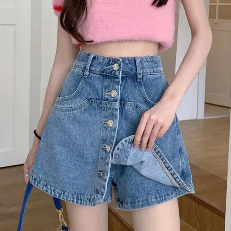 

Women Korean Fashion High Waist Jean Culottes 2024 Mini Pantskirt Blue Black Baggy Shorts Summer Single-Breasted Denim Shorts