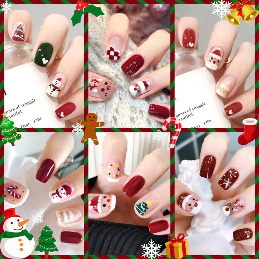 

Christmas pattern false nails Cute Short Wearable Santa Claus Christmas tree bells decorations ballet Fake Nails with glue