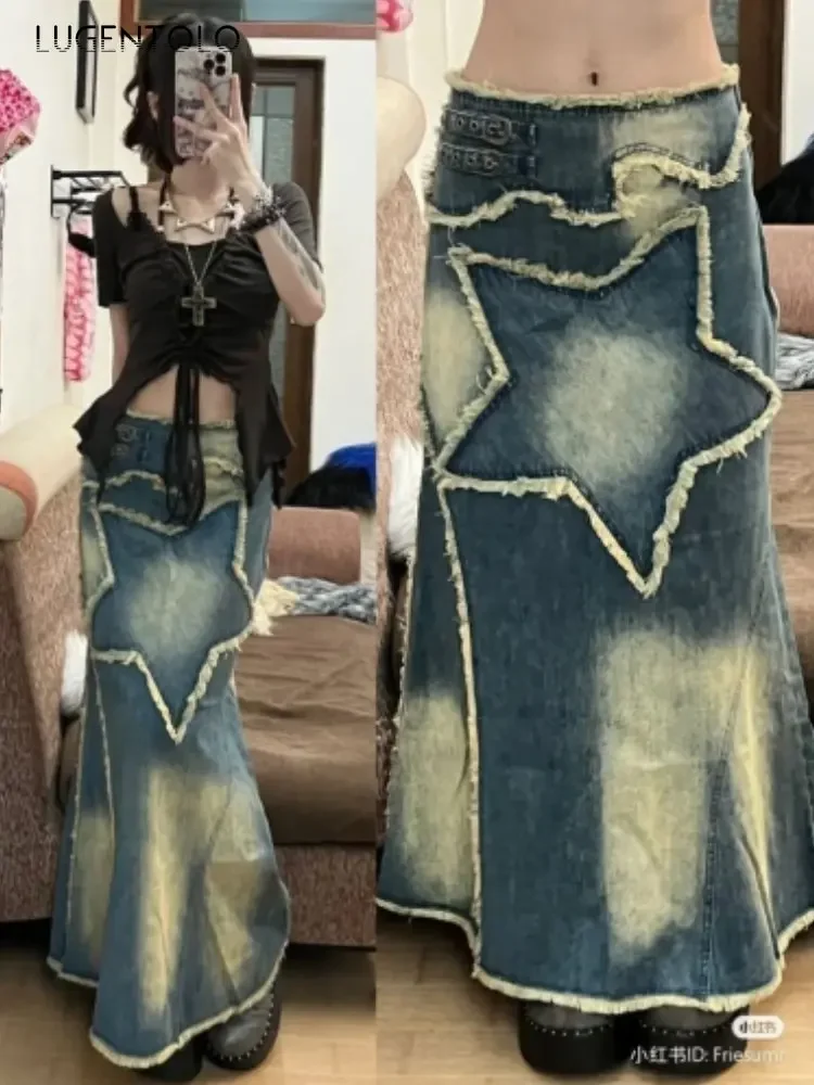 Women Vintage Denim Skirt Washed Slim Fashion Star Pattern Dark Blue Female Elegant Do Old Long Clothing
Women Vintage Denim Skirt Washed Slim Fashion Star Pattern Dark Blue Female Elegant Do Old Long Clothing