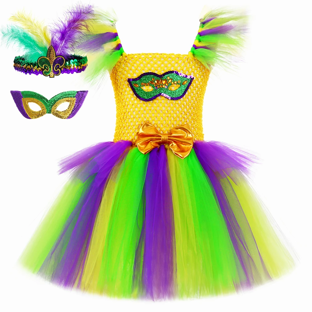 

Mardi Gras Festival Tutu Dress For Girls Sparkly Carnival Costumes For Kids Masquerade Party Cosplay Outfits With Sequins Mask