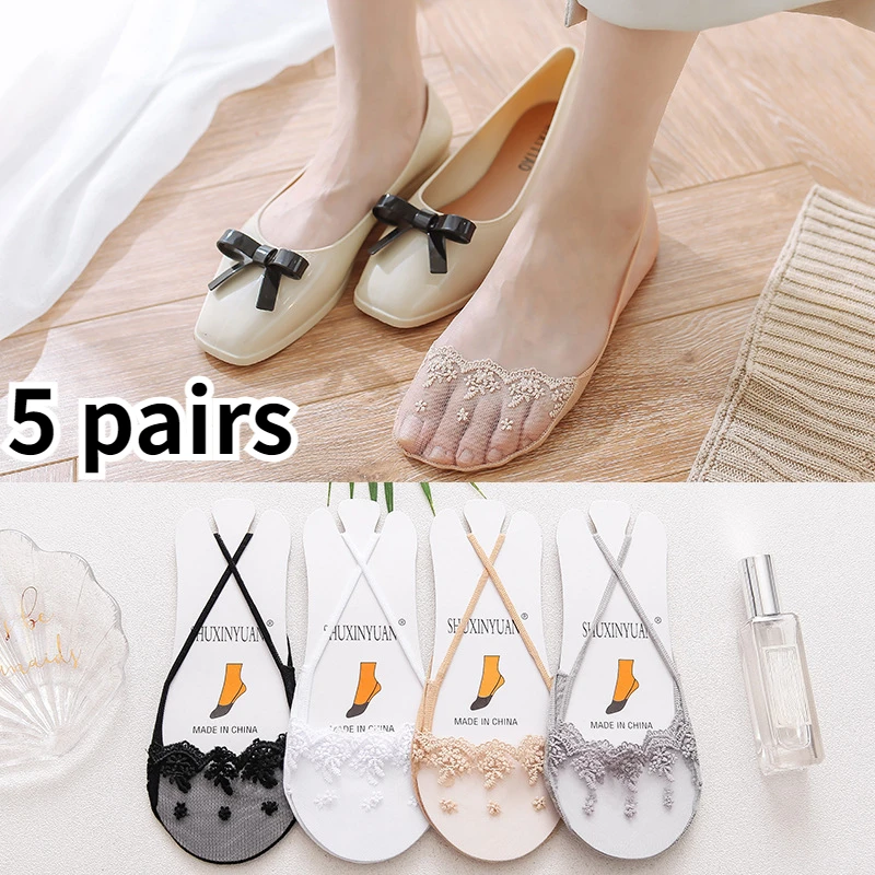 

5 Pairs Suspenders Women Cotton Boat Socks Invisible Shallow Mouth Summer Thin Half Sole Socks Not Drop Heel Short Sox 양말 여성