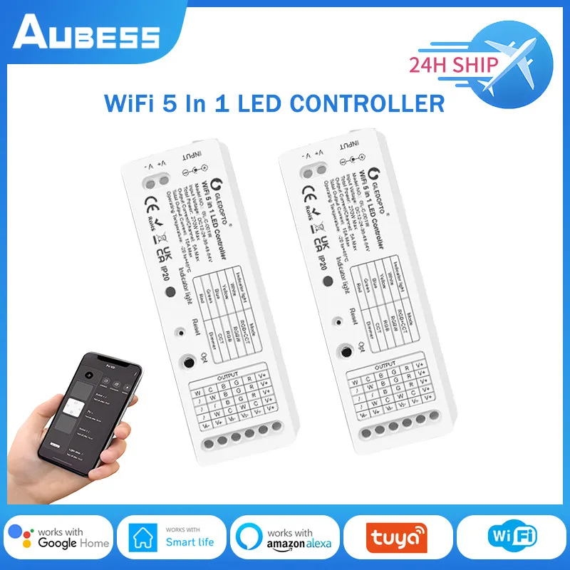 

Aubess WiFi 5 In 1 LED Strip Controller 5CH RGB RGBW CCT Dimmer For LED Light Strip Voice Control Works With Alexa Google Home