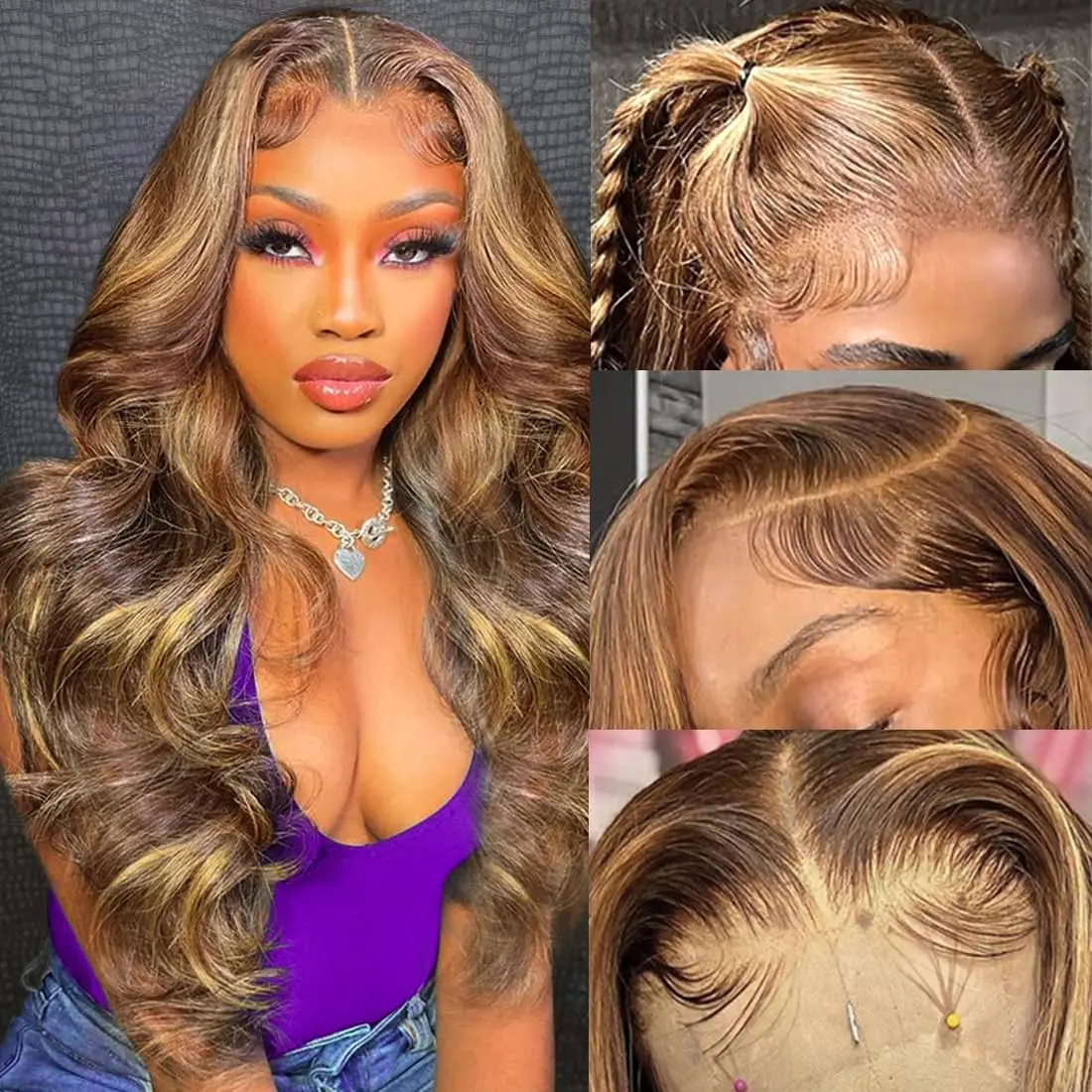

Highlight Ombre Body Wave 13x6 Lace Front Wig Human Hair 13x4 Hd Lace Frontal Wig 180 Density Blonde 4/27 Colored Glueless Wig