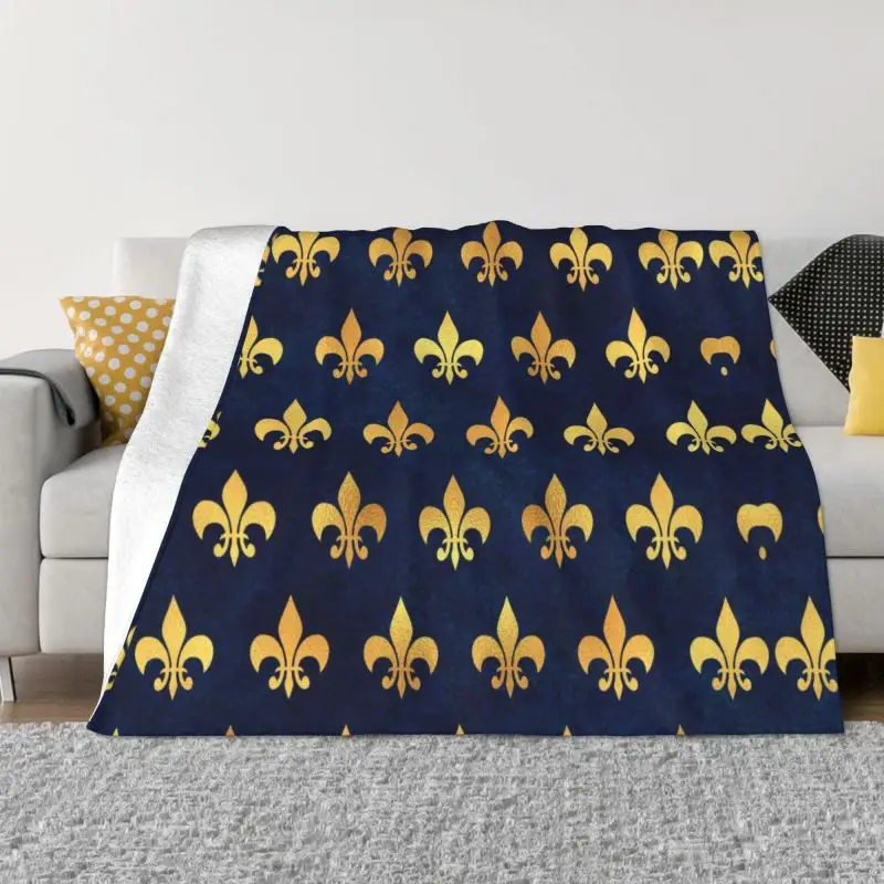 

Royal Gold Blue Grunge Fleur De Lis Blanket Soft Fleece Spring Warm Flannel Lily Flower Throw Blankets Office Bedding Bedspread