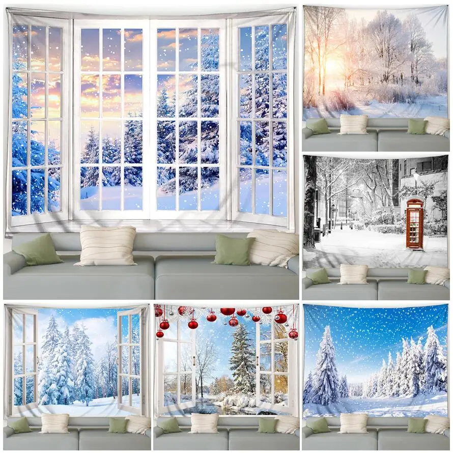 

Winter Tapestry Forest Cedar Trees Sunshine White Window Nature Landscape Christmas Wall Hanging Home Living Room Bedroom Decor