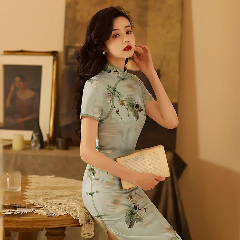 

Short Sleeve Vintage Gentle Elegant Slit Qipao Dress Women Summer Stand Collar Slim Retro Chinese Style Cheongsam Dress Lady