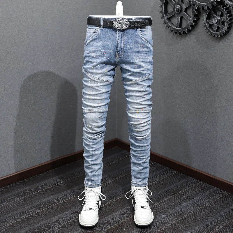 

Street Fashion Men Jeans Retro Light Blue Elastic Stretch Skinny Fit Patched Biker Jeans Painted Designer Hip Hop Pants Hombre