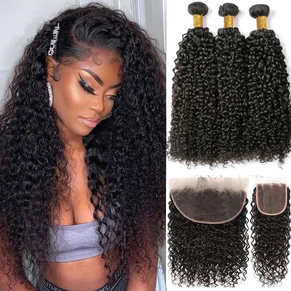 

15A Brazilian Kinky Curly Bundles With Frontal Water Wave Human Hair Bundles With Closure Natural Virgin Human Hair Extensions