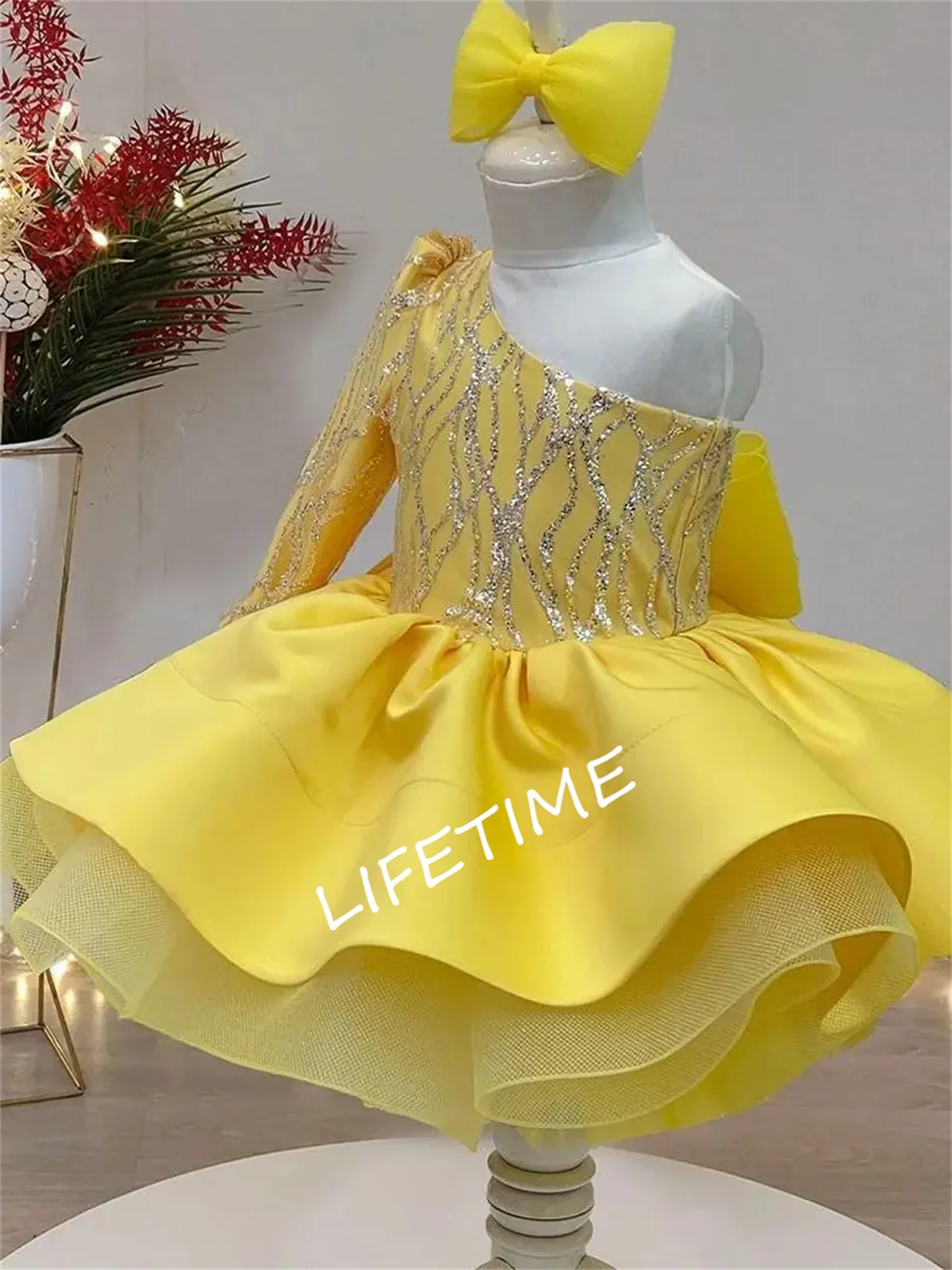 

Yellow Flower Girl Tutu Dress 2022 Long Sleeve One Shoulder Princess Baby Girls Pageant Gowns Puffy First Communion Birthday For