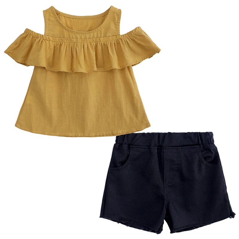 

2Piece Summer Baby Girl Clothes Korean Fashion Sleeveless Cotton Yellow Tops+Shorts Toddler Boutique Outfits Kids Sets BC1572