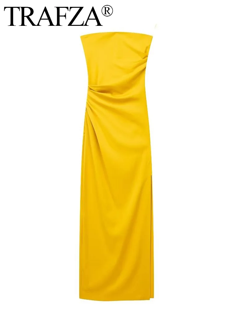 

Женский корсет с открытой спиной TRAFZA, желтое пикантное длинное платье с открытыми плечами, женское плиссированное платье макси, женские платья для выпускного вечера, 2024
