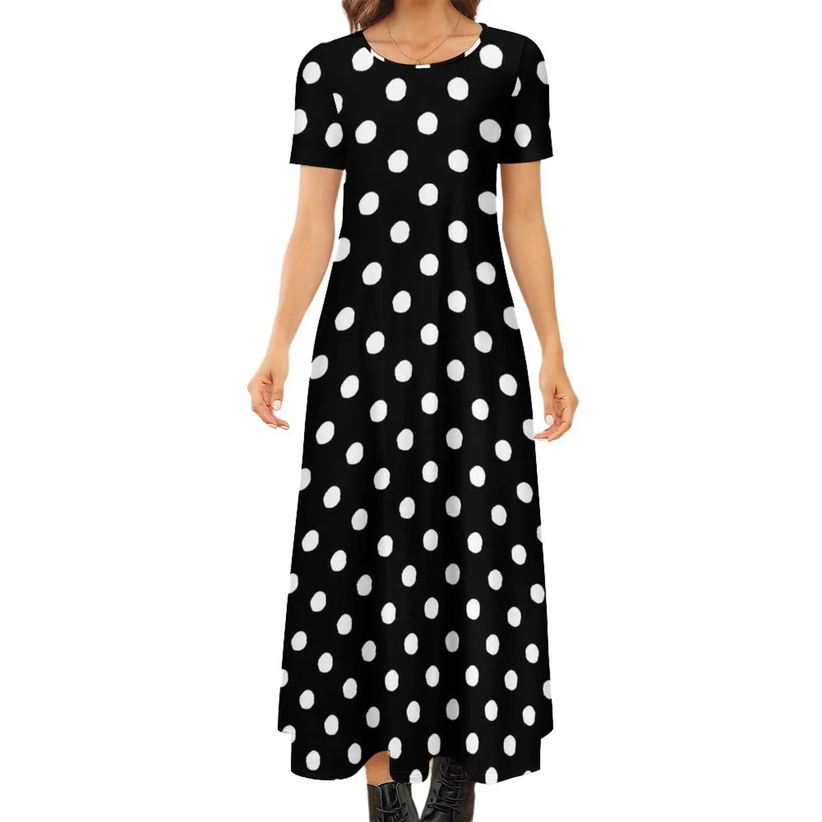 

Black White Polka Dots Dress Retro Print Cute Maxi Dress Female Short Sleeve Aesthetic Bohemia Long Dresses Big Size 6XL 7XL