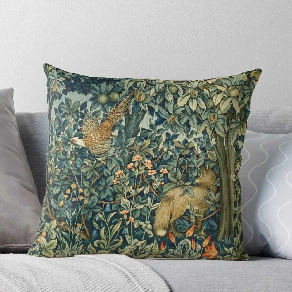 

GREENERY, FOREST ANIMALS Pheasant and Fox Blue Green Floral Tapestry Throw Pillow Cusions Cover bed pillows
