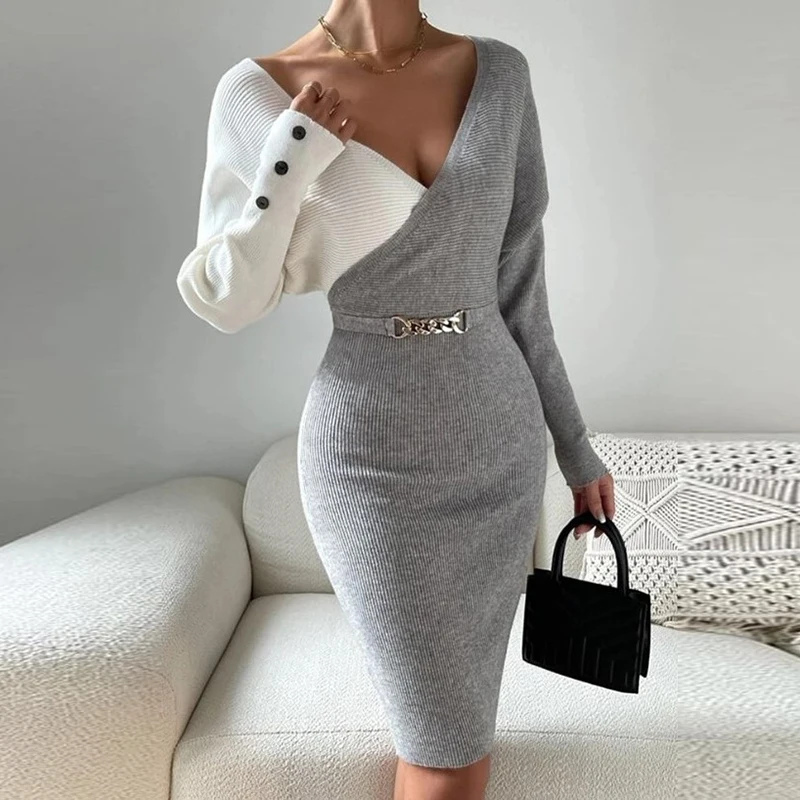 

Autumn Contrast Color V-neck Wrap Party Dress Women Slim Bodycon Rib Knitted Hip Dress Winter Batwing Long Sleeve Office Dresses