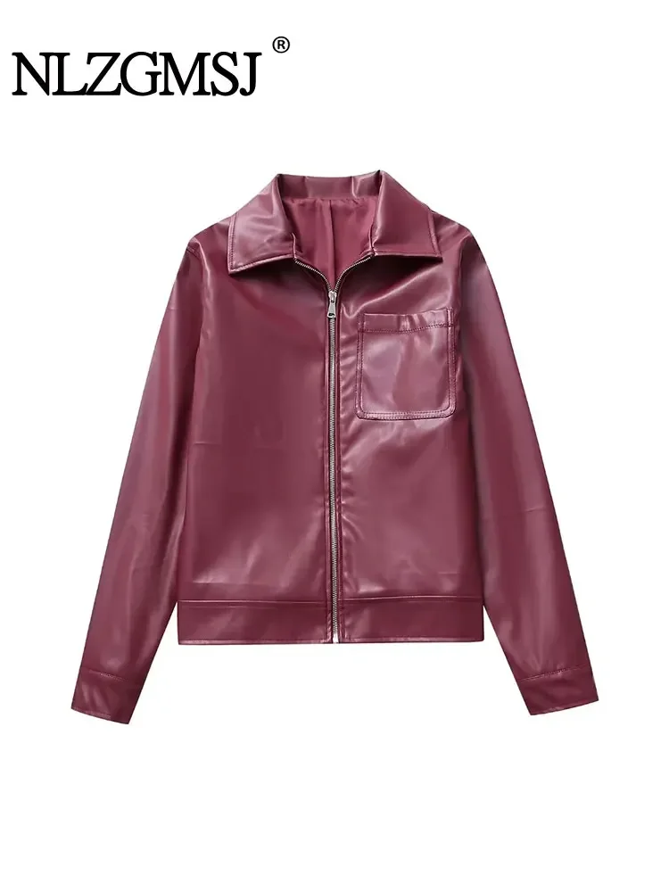

Nlzgmsj 2024 TRAF Woman Fashion New Wine Red Motorcycle Casual Imitation Leather Jacket Coat Autumn Winter Long Sleeve Coat