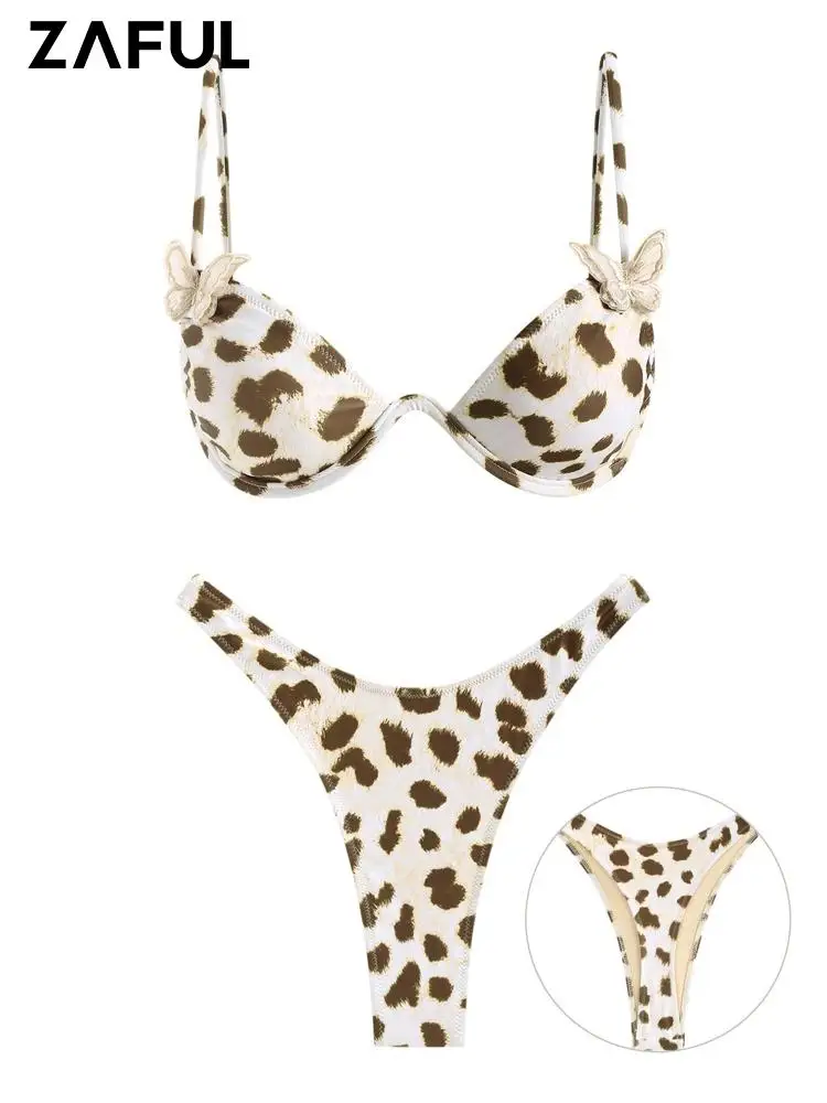 

ZAFUL Women's Animal Leopard Print Spaghetti Strap Butterfly Underwire Push Up High Leg Thong Bikini Set Two Piece Swimwear Sexy