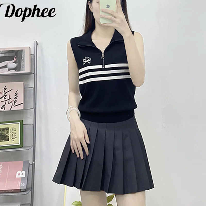 

Dophee 2024 New Summer All-match Sports Stripes Knitted T-shirt Sleeveless Zip Turn-down Collar Pullover Top Casual Women Tanks