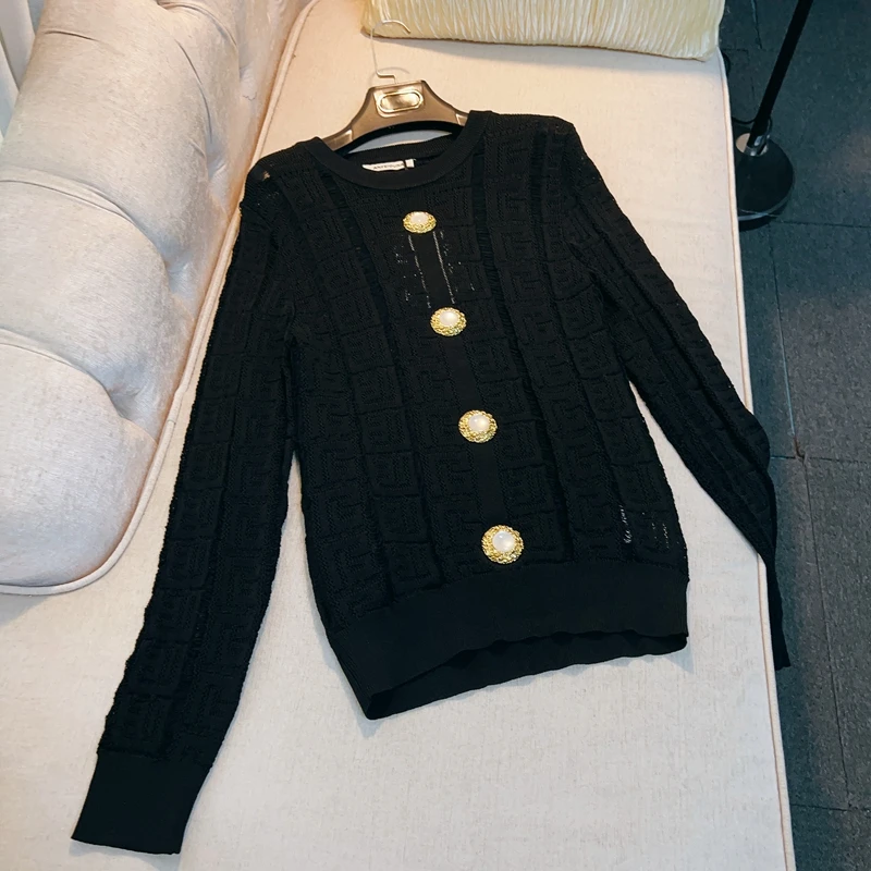 

Женский трикотажный свитер, подиумный дизайнерский топ с золотыми пуговицами, элегантный черный свитер с круглым вырезом, Осень-зима 2023
