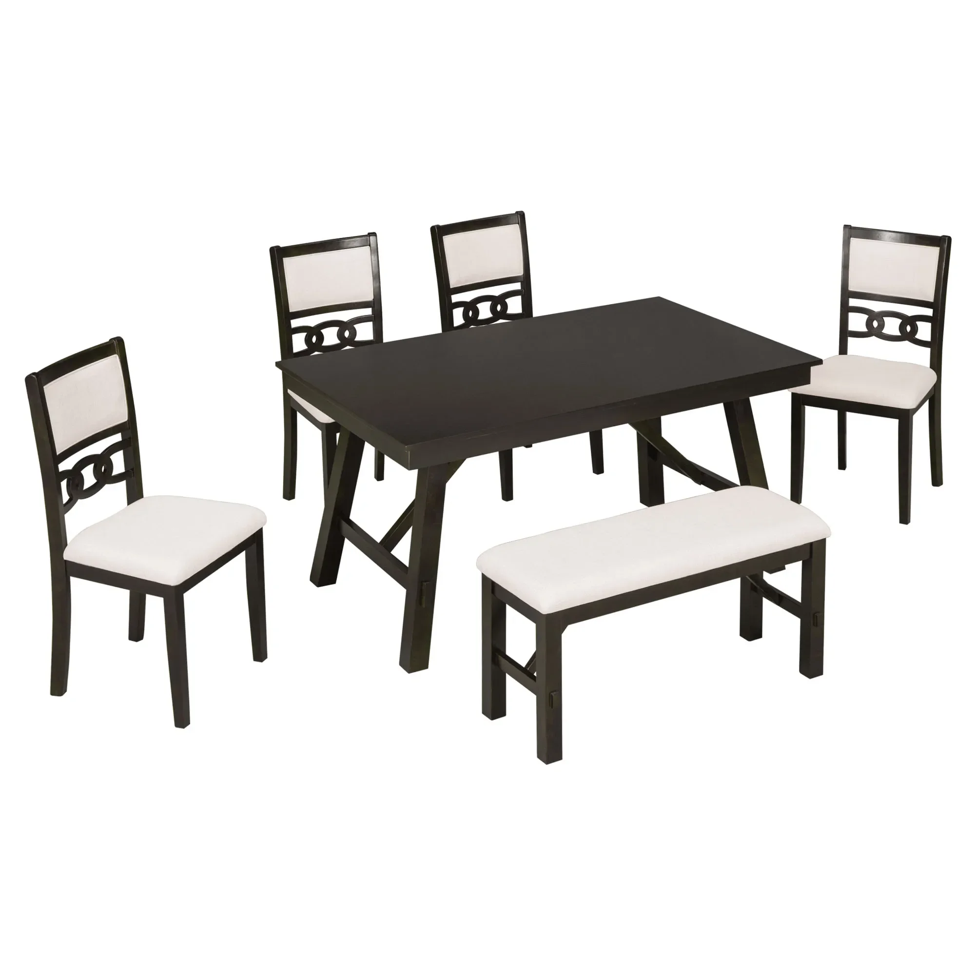 

Farmhouse Solid Wood 6-Piece Dining Table Set Rectangular Kitchen Table Set with Upholstered Chairs and Bench, Espresso