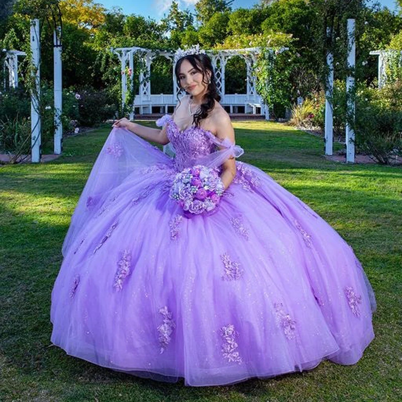 

Lavender Sweetheart 3D Flower Quinceanera Dresses Appliqué Beading Lace Cinderella Princess Ball Gowns Vestidos De 15 Anos