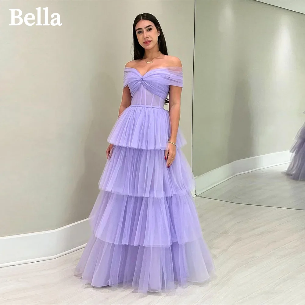 

Bella Lavender Off Shoulder Prom Dresses Multilayer Tulle Evening Dress Short Sleeve A-line Maxi Vestidos De Fiesta