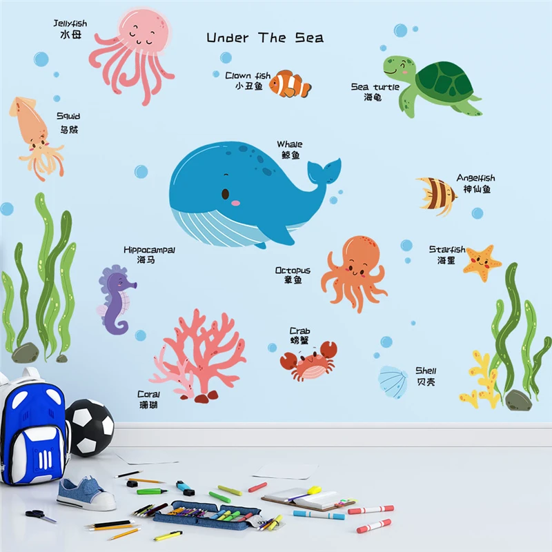 

Cute Fish Turtle Whale Coral Sealifes Wall Stickers For Kids Room Bathroom Decoration Diy Ocean Mural Art Home Decals Pvc Poster