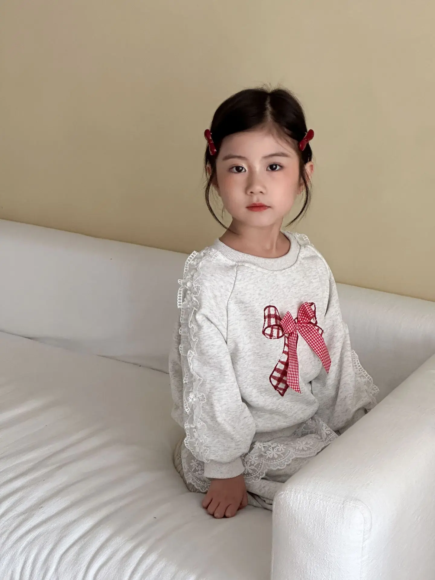 2025 Autumn New Children Long Sleeve Clothes Set Girls Lace Bow Sweatshirt + Sweat Pants 2pcs Suit Cotton Kids Casual Outfits 11