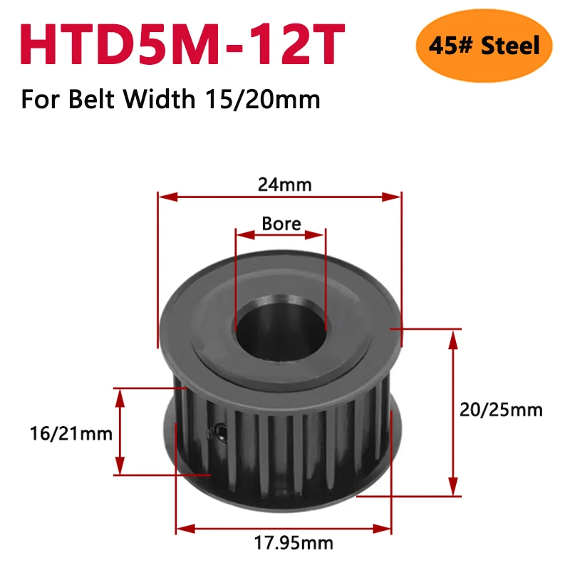 

1pc 12 Teeth HTD5M 45# Steel Timing Pulley HTD 5M 12T Synchronous Wheel for Belt Width 15mm 20mm Bore 5 6 6.35 8 10mm AF Type