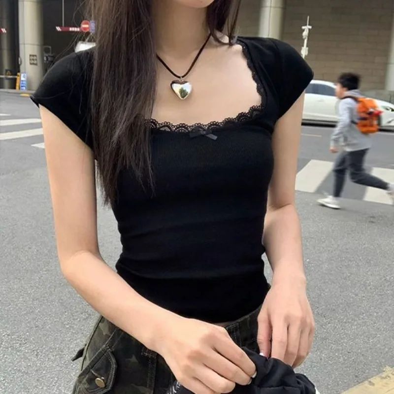

Deeptown Summer Y2k Crop Top Short Sleeve Tshirts Women Harajuku Korean Fashion Black Lace Tees Vintage Aesthetic Gyaru T Shirts