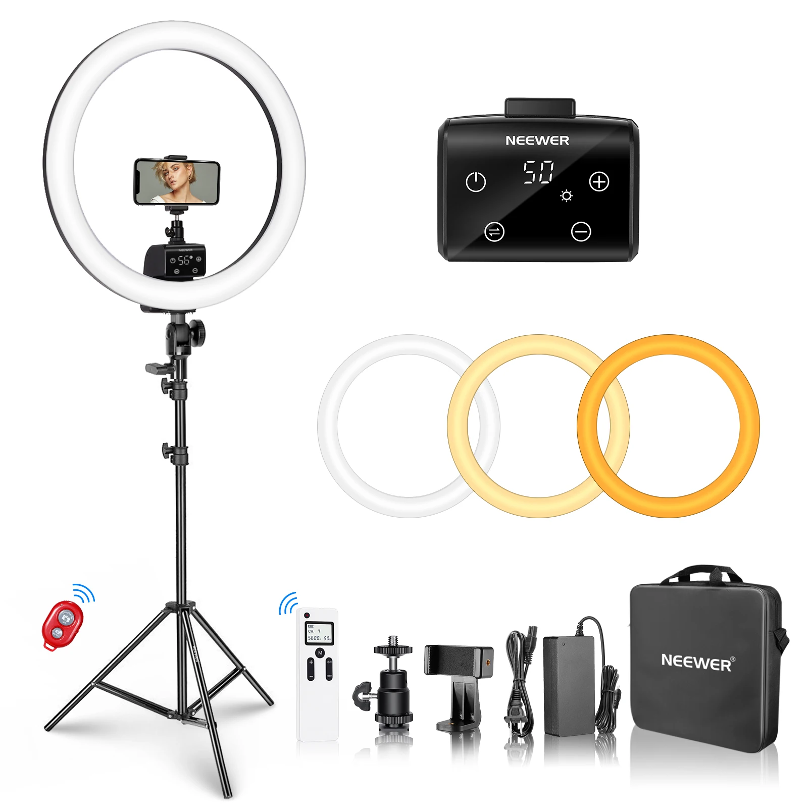 Neewer Advanced 18-inch LED Ring Light Support Manual Touch Control with LCD Screen, 2.4G Remote and Multiple Lights Control,
Neewer Advanced 18-inch LED Ring Light Support Manual Touch Control with LCD Screen, 2.4G Remote and Multiple Lights Control,