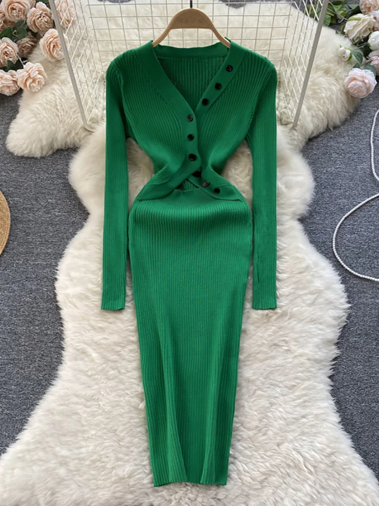 

Croysier Dresses For Women 2022 V Neck Front Buttoned Long Sleeve Knitted Midi Dress Waist Cut Out Night Club Sexy Bodycon Dress