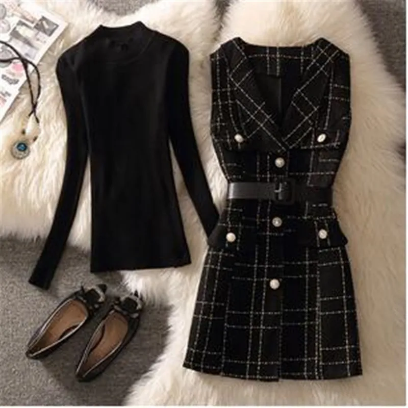 Vintage Mid-length 75cm Plaid Tweed Vest Jacket Women 2 Piece Set Elegant Pearl Button Belted V Neck Waistcoat Knitted Sweater 
Vintage Mid-length 75cm Plaid Tweed Vest Jacket Women 2 Piece Set Elegant Pearl Button Belted V Neck Waistcoat Knitted Sweater