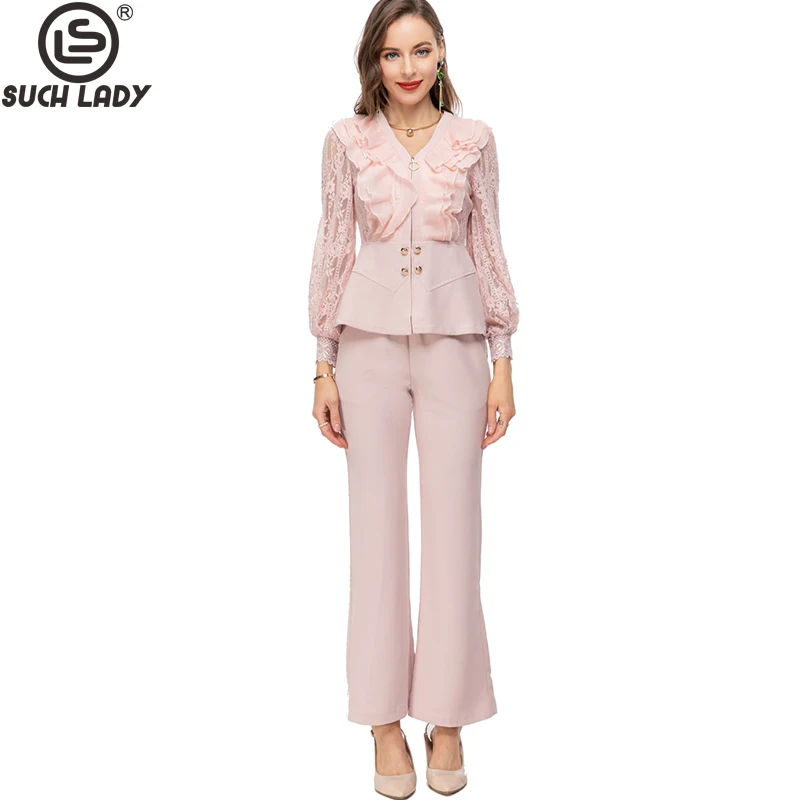 

Women's Runway Two Piece Pants V Neck Long Lantern Sleeves Peplum Ruffles Blouse with Pant Twinsets Sets
