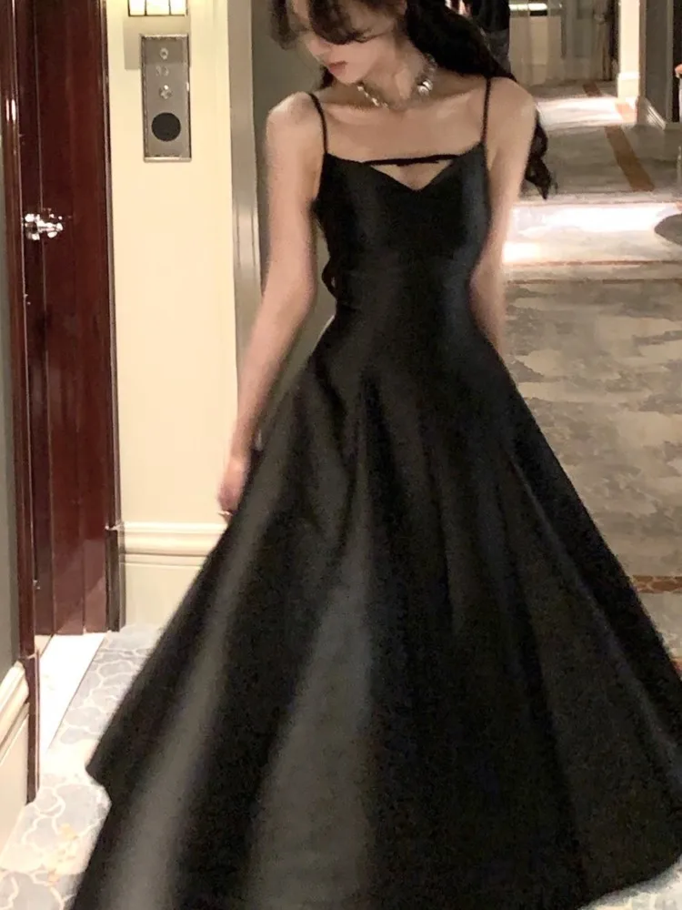 

Elegant Solid Princess Evening Party Dress French Romantic Black Graduation Robe Korean Summer Spaghetti Strap Wedding Vestidos