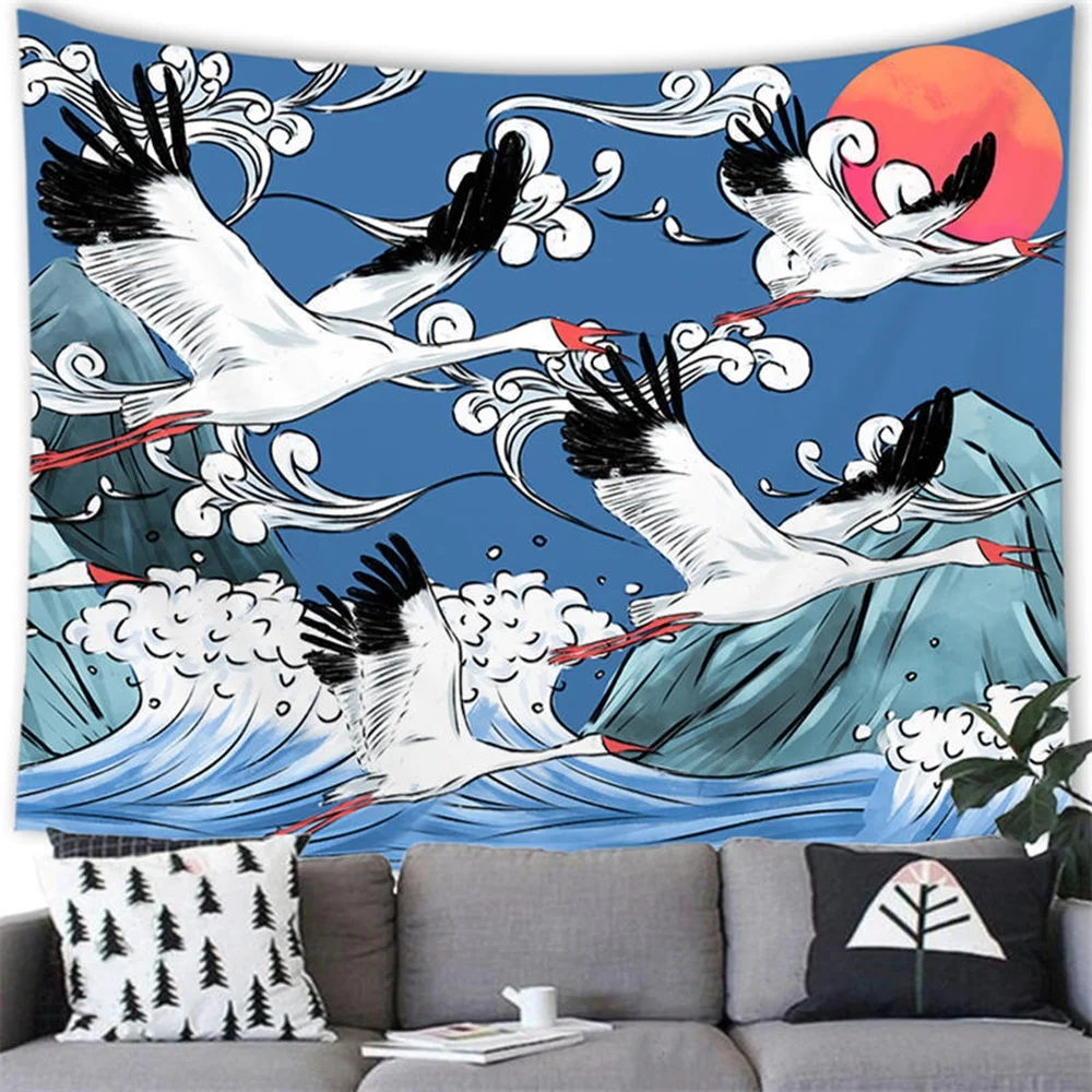 

3D Watercolor Animal Crane Tapestry Chinese Style Stereo Pine Tree Fresco Bedroom Living Room Home Decor Tapestries Wall Hanging