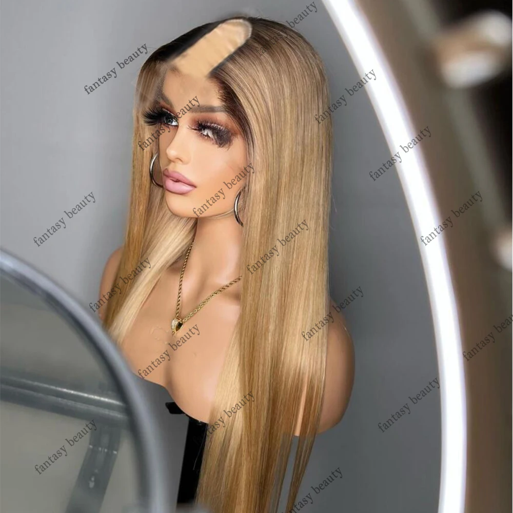 

Ombre Honey Golden Blonde Silky Straight V Part Wigs With Clips Remy Human Hair Glueless Unprocessed Highlight Brown UPart Wig