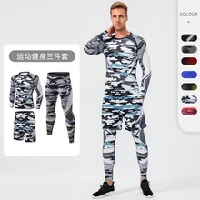 Men's autumn and winter fitness suit camouflage printing high elastic tights fast drying training pants running three piece set
Men's autumn and winter fitness suit camouflage printing high elastic tights fast drying training pants running three piece set