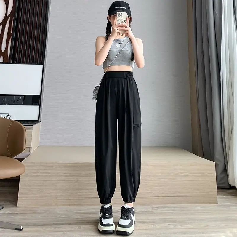 

Womens Ankle Banded Working Pants Summer Thin 2023 High Waist Breathable Ice Silk Quick-Dry Pants Harem Sports Pants